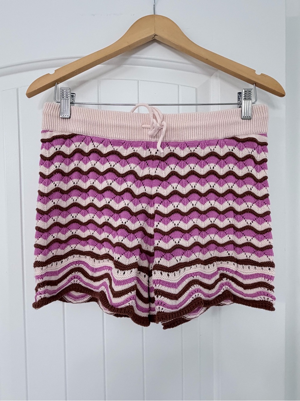L*SPACE Make Waves Crochet Knit Shorts Pink Cream Brown Size M
